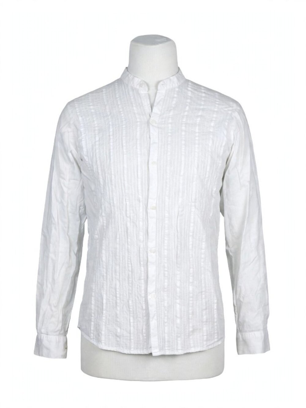 Cotton Loom White Pinstripe Mandarin Collar Shirt